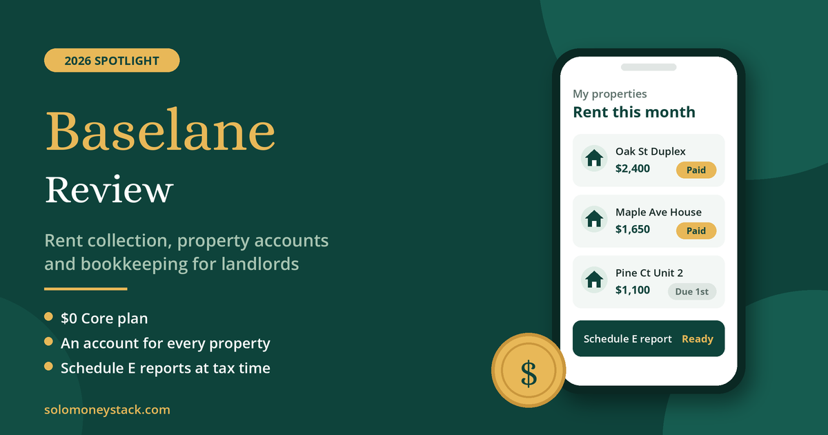 Baselane review for landlords, shown as a phone app tracking rent by property with a Schedule E report ready at tax time