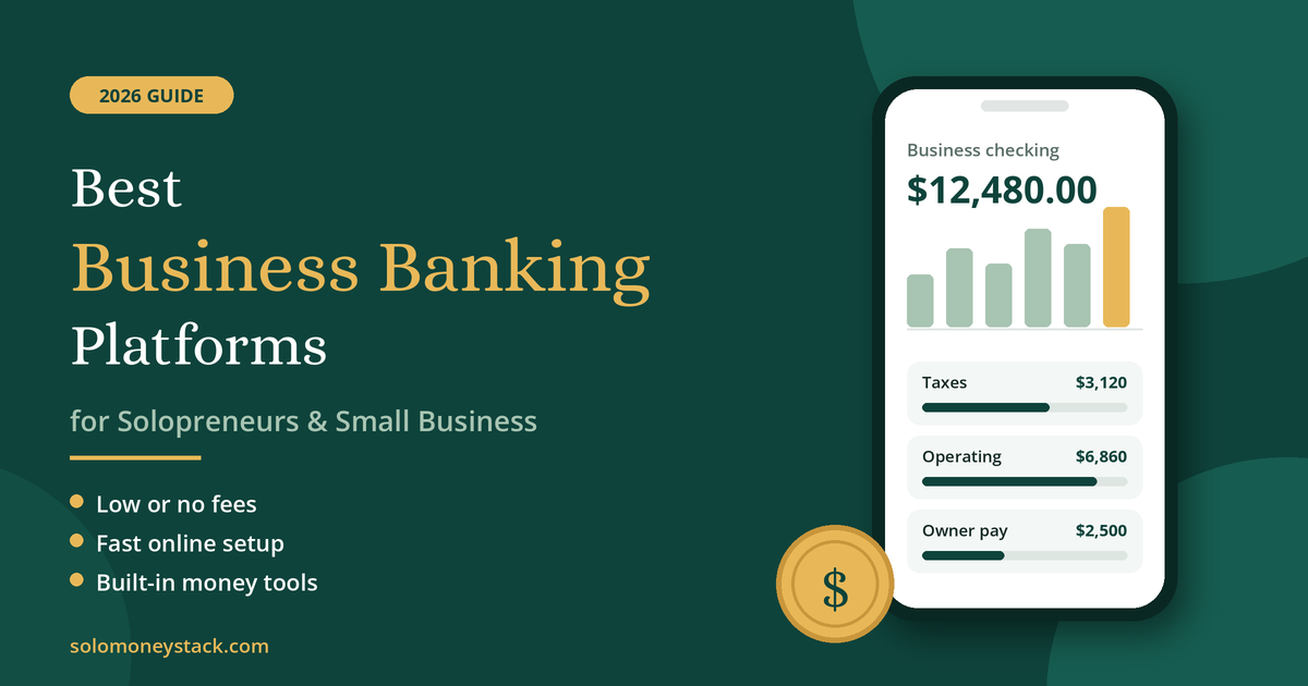 Business banking platforms for solopreneurs and small business, shown as a phone app with a checking balance and money buckets for taxes, operating, and owner pay